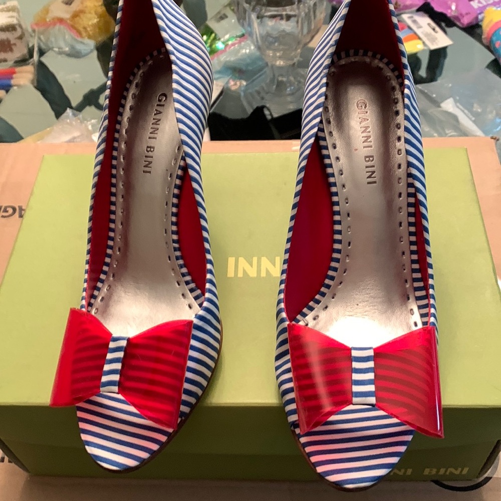 Gianni Bini Blue & White Striped Peep-Toe Heels with Red Bow